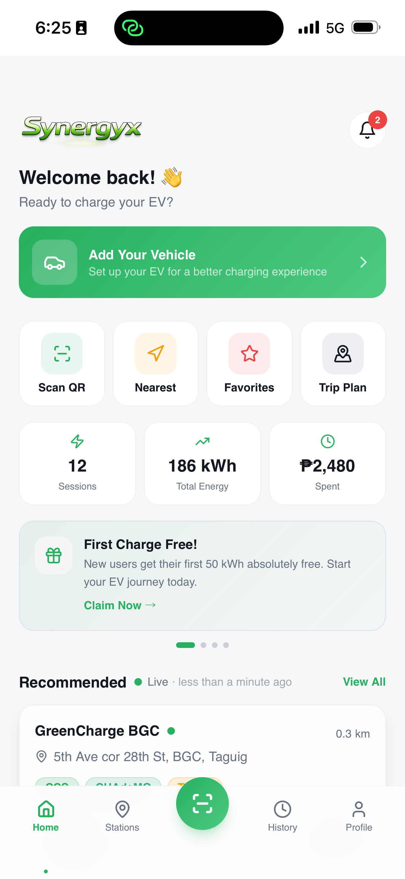 Synergyx EV charging mobile app home screen showing QR scanning, station recommendations and charging statistics